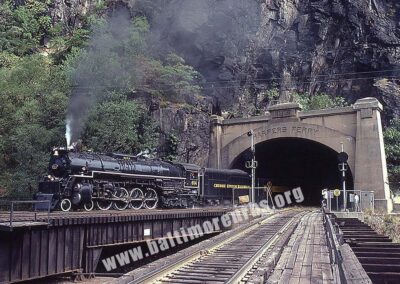 1981 - Ex-C&O Railway Class J3a No. 614 blasts out of the west portal of Harpers Ferry, WV tunnel with the Chessie Safety Express
