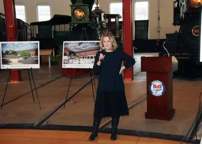B&O Railroad Museum Executive Director Kris Hoellen presented an animated architect’s concept of renovations planned for the South Car Shop and alterations to the museum campus.