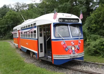 PCC No. 2168, built by the St. Louis Car Company (of St. Louis, Missouri), in 1948 for the Philadelphia Transportation Company poses for photos on the turning loop.